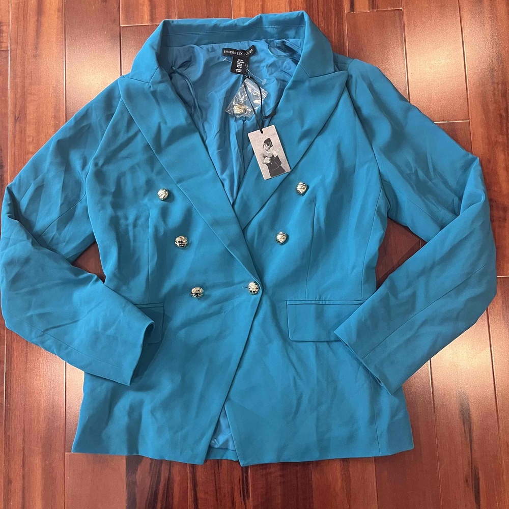 New NWT Sincerely Jules Aqua Teal Blue Jacket Double Breasted Blazer Size M